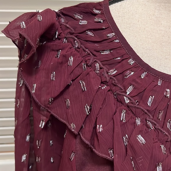 Loft Shimmer Dotted Ruffle Yoke Mixed Media Top in Crushed Blackberry, Size Med - Picture 7 of 17